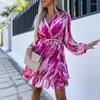 Casual Dresses Printing Ruffle Chiffon Dress Women Sexig Wrap V Neck Hollow Office Elegant Lace-up Belted Party Spring Summer