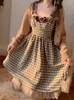 Vestidos Casuais 2023 Japonês Lolita Kawaii Vestido Feminino Verão Laço Patchwork Xadrez Alça Y2k Moda Coreana Uma Peça Cintura Alta