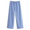 Women's Pants s Blue Pinstripe Trouser Casual Elastic High waist Wide Leg Long Female Chic Lady Clothing 2023 230731