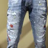 Heren Jeans High Street Fashion Heren Retro Blauw Elastisch Geschilderd Designer Skinny Ripped Patchwork Hip Hop Stretch Broek Hombre