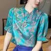 Blusas Femininas Camisa de Cetim Senhoras Verão 2023 Seda Floral Estilo Chinês Mangas Curtas Top Solto Decote em O Roupas Vintage YCMYUNYAN