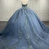 Niebieskie lśniące sukienki Quinceanera meksykańska ukochana suknia balowa koronkowa puszystyka aplikacja na ramię koronkowe luksusowe vestidos de 15 xv anos