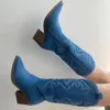 Stövlar vintage denim blå cowboy stövlar kvinnor broderade pointy toe fyrkantiga klackade mid calf western stövlar skor 230801