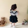 衣類セット2023韓国のファッションベビーガールズ服服の幼児の女の子ストライププリントロンパーズ2ピースドレスセットツインシスターマッチ