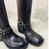 MIUI Cuir en cuir bouclé Vache de vache Biker Boots Bottes de genou Chunky Talon Zip Knight Bot