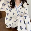 Indumenti da notte da donna Indumenti da notte da donna Elegante Pigiama da donna Pigiama da bambina Scollo a V Kimono Pigiama blu Pijama Mujer Homewear