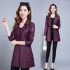Kvinnor läder Kvinnor Midlängd Pu Suit Collar Jacket 2023 Autumn Korean Fashion Slim Windbreaker Coat Kvinna Ytterkläder 5xl H3069