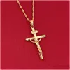 Pendant Necklaces 24K Gold Color Cross Chain Men Crucifix Necklace Women Jesus Yellow Filled Jewelry Drop Delivery Pendants Dhadf