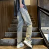 メンズジーンズアメリカンニーリッピングレトロイエローマッドパンツサマーカジュアルルーズハイストリートストレートストレートズボンの男性服