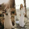 Vintage Ivoor Boheemse Kant Strand Trouwjurken Bruidsjurken Lange Mouw V-hals Ingericht Boho Land Hippie Stijl Bruid Jurk Ves3061