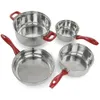 Crawson 7 Piece Stainless Steel Cookware Set in Chrome with Red Handles