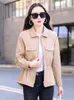 Women's Leather Spring Women Autumn Casual Fashion Turn-down Collar Drawstring Waist Sheep Coat Slim Moto & Biker Jacket