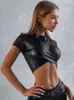 Camisetas Femininas Skinny Summer Para Roupas Femininas Decote O Crossover Peito Wraps Y2K Acessórios Short Crop Top PU Aesthetic Blusas Mujer