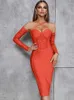 Casual Dresses Women Red Ruched Mesh Sexy Off Axel långärmad bandage Folds Midi 2023 Bodycon Dress Elegant Evening Party Club
