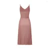 Casual Kleider 2023 Sexy Frauen Sommer Kleid Spaghetti Strap V-ausschnitt Rosa Weibliche Plissee Midi Büro Damen Party