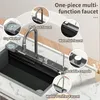 New Kitchen Sink with Waterfall Faucet Stainless Steel Large Single Slot Bionic Honeycomb Black Wash Basin Topmount Apron Front