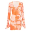 Item Title Womens Clothing Spring And Summer Style Abstract Print Flared Sleeves Straps Hip Wrap Dress