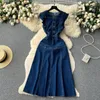 Casual klänningar Foamlina Korean Fashion Women Summer Denim Dress Sexig rund hals ärmlösa ruffles Single Breasted Slim A Line Long Jeans