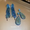 Kolczyki Dangle Fashion Blue Oversize długie kryształ frędzki dla kobiet geometrycznych akcesoria biżuterii bankiet