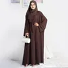 Etniska kläder muslimska kvinna set 2 stycke crinkle tyg ärmlös klänning kimono abaya dubai turk hijabi outfit casual islam ramadan (nej