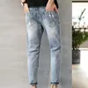 Jeans homme quatre saisons couleur dégradée avec trous côtelés coupe ajustée multi-poches longueur cheville coutures fermes résistantes à la décoloration