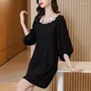 Casual Dresses Chiffon Women's Mid Length Dress Fashion Loose In Summer Splice Lotus Leaf Collar 3/4 Sleeve Kvinnkläder