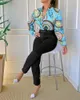 Pantaloni a due pezzi da donna Abito alla moda da donna Manica lunga Colletto alla coreana Camicia stampata Tinta unita Cintura a vita media Elegante abbigliamento da ufficio estivo