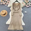 Robes décontractées Vintage Wome NKnitted Dress Solide Col en V Manches Longues Slim A-Line Long Vestido Printemps Automne Femme Versatile Bottom Frocks