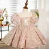 Beautiful Flower Girl Dresses for wedding Sheer Appliqued short Sleeves Sheer Jewel Neck Princess shiny birthday gown Girls Formal Pageant Gowns With Big Bow Sash
