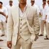 Мужские костюмы Linen Summer Men For Wedding Groom Tuxedos 3 шт. Casual Beach Custom Set Vest с брюками American Fashion 2023