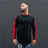 Camisetas masculinas de algodão de cor sólida, masculinas, compridas, finas, de manga comprida, com gola redonda, contraste, esportes, fitness, hip-hop, moda