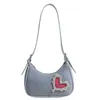 Y2K Denim Canvas Rhinestone Love Heart Shoulder Bag Hobo Popular Denim Bag Underarm Bag Women with High-end Sense of Love and Personality