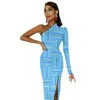 Casual Dresses Blue And White Striped Bodycon Dress Women Lines Print Sexy Maxi Long Sleeve Streetwear Graphic Birthday Present