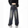 Women's Jeans Vintage Washed High Waist Straight Women Brushed Edge Wide Leg Floor Denim Trousers Female Fashion American Retro Pant 90s