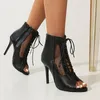 Stiefel Mode Sommer Knöchel Sandalen Schnürung Kreuz gebunden Peep Toe High Heel Riemen Netzoberfläche Hollow Out 230801