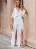 Casual Dresses Chiffon V-ringning av axelhylsan Slit Tunic Dress Women 2023 Summer Elegant Solid Color Beach Wear Maxi A1445