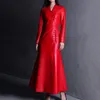 Vrouwen Leer Lente Herfst Extra Lange Rood Zwart Getailleerde Zachte Faux Jas Vrouwen Met Chinese Knoop Knopen V-hals Designer Kleding