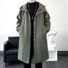 Herrgravrocksjackor 2023 Spring Single Breasted Medium Long Hooded Coat Manlig fast färg Vindbrytare Plus Size B119