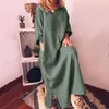 Casual klänningar vintage maxi klänning kvinnor långärmad solid o-hals sommar med fickor lösa höga midja retro vestidos