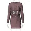 Casual Dresses 2023 Hollow Out Ruched Mini Dress for Women Robe Autumn O Neck Long Sleeve Bodycon Party Short Vestido