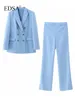 Pantalon Deux Pièces Femme EDSA Mode Femme Bleu Ajusté Blazer Double Boutonnage Taille Haute Pantalon Bootcut 2 Pièces Pour Office Lady Survêtement 230801