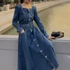 Casual Dresses 2023 French Square Collar Belt Long Denim Elegant Women Sleeve Slim Jeans Vintage Autumn Office Midi Dress