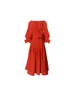 Casual Dresses Design Sense Red One-Line Collar Bat Hylsa Simple Pending Pleated High midja A-line Fransk klänning Elegant temperament