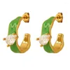 Dos Boucles d'oreilles Conception d'intérêt spécial Goutte d'émail Incrusté d'huile Zircon Stud Élégant Matériau en laiton de haute qualité Oreille géométrique vert vif