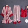Damska odzież snu swobodna szata kimono Suknia szlafrokowa seksowna koronkowa snu Zestaw Faux Silk Satin Satin Women Pajamas 3pcs luźne wiosenne ubrania domowe