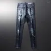 Мужские джинсы Street Fashion Men Men Retro Black Blue Elastic Strast Slim Slim Fit Ruped Beading Patched Designer Hip Hop Brants