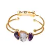 Raw Stone Bracelet for Women Irregular Amethyst Crystal Cluster Handmade Open Cuff Bangle Jewelry with Gold Trim
