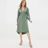 Casual Dresses Women Deep V Neck Solid Belt Bow a Line Long Lantern Sleeve Mid Dress Green Sexig utflykt 2023 Våren och hösten