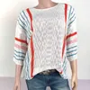 Camisolas Femininas Suéter Top Casual Primavera Outono Mangas Flare Elegante Listras Color Block Knit Jumpers Fashion Korea White Tees