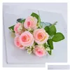 Faux Floral Greenery 1 Bundle 6 Big Head Fake Flowers For Home Wedding Decor Silk Rose Bouquet Artificial Flower Party Decoration Dh3Nn